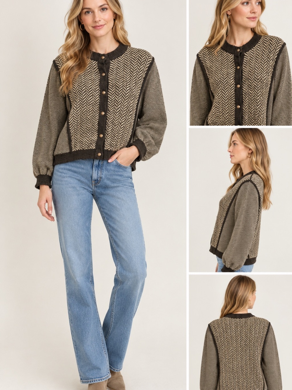 Vintage 100% Wool Herringbone Knit Cardigan bomber Jacket Sm-Med